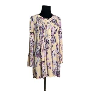 J. Jill Pintucked Bell Sleeve Floral Purple Peach 3/4 Sleeve Tunic Top size M